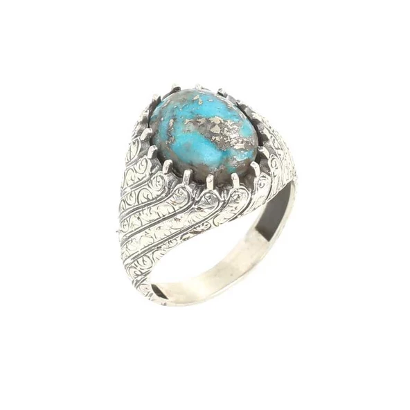 925 Ayar Gümüş El Kalemli Oval Gerçek Turkuaz Taşlı Erkek Yüzük ürün görseli 1