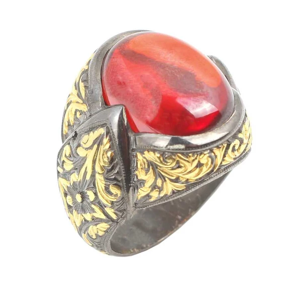 925 Ayar Gümüş Oval Garnet İşlemeli Erkek Yüzük ürün görseli 1