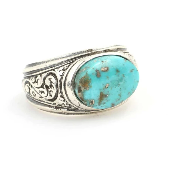 925 Ayar Gümüş S Motifli Has Turkuaz Taş El Kalemli Erkek Yüzüğü - Resim 2