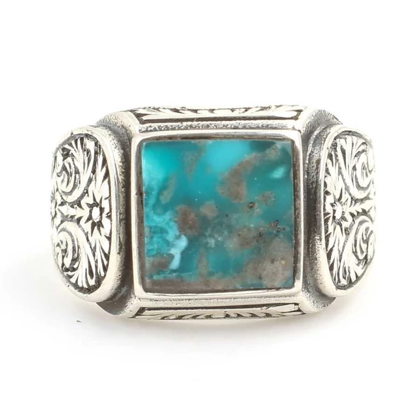925 Ayar Gümüş El Kalemli Kare Gerçek Turkuaz Taş Erkek Yüzüğü - Resim 4