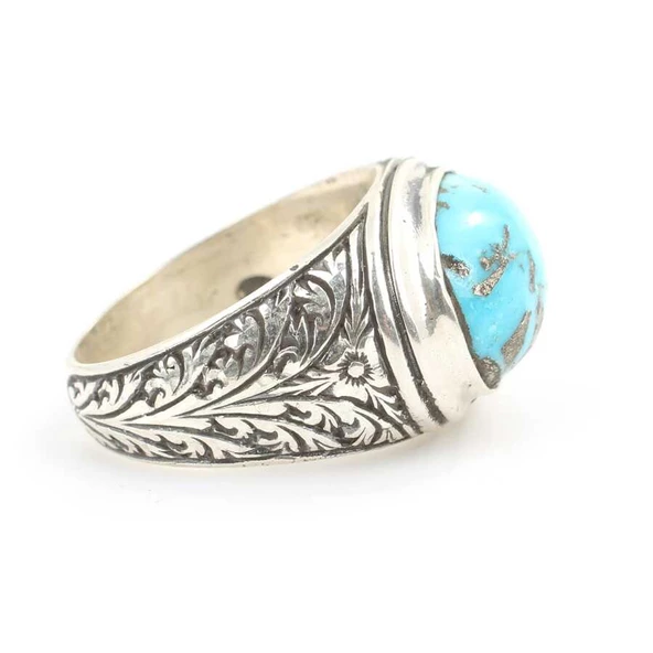 925 Ayar Gümüş Gerçek Turkuaz Taşlı El Kalemli Oval Erkek Yüzüğü - Resim 3