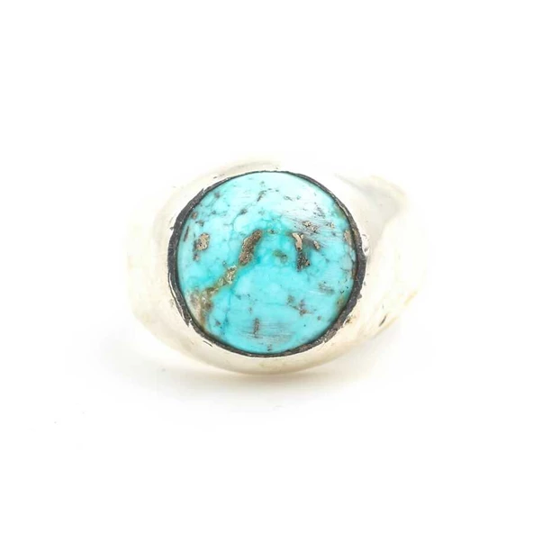 925 Ayar Gümüş Gerçek Turkuaz Taşlı Düz Kol Erkek Yüzüğü - Resim 4