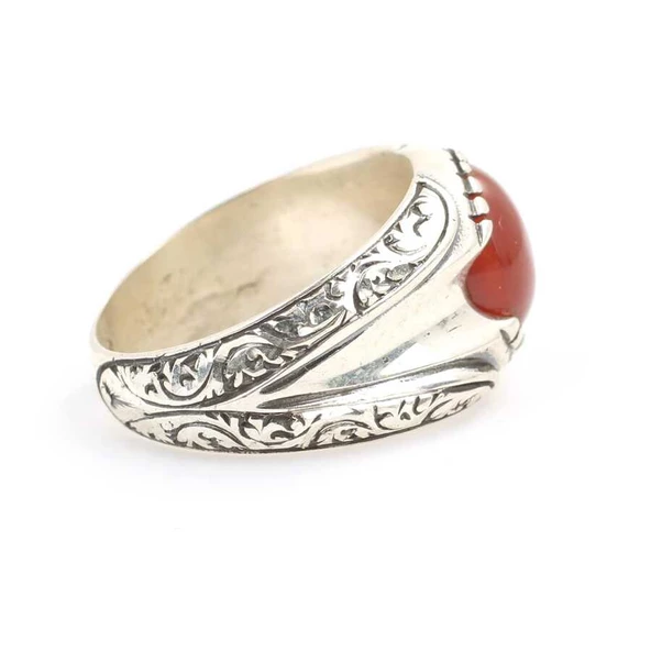 925 Ayar Gümüş Akik Taşlı El Kalemli Erkek Yüzüğü - Resim 3