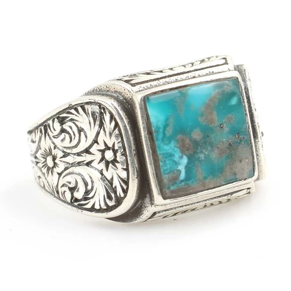 925 Ayar Gümüş El Kalemli Kare Gerçek Turkuaz Taş Erkek Yüzüğü - Resim 2