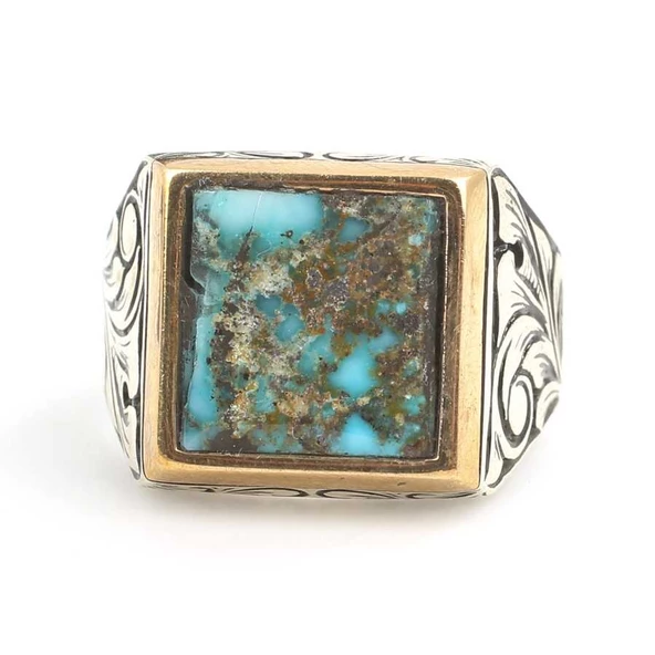 925 Ayar Gümüş Gerçek Turkuaz Taşlı Erkek Yüzüğü - Resim 4