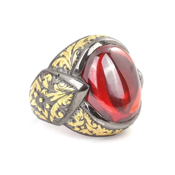 925 Ayar Gümüş Oval Garnet İşlemeli Erkek Yüzük - Resim 2