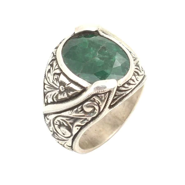 925 Ayar Gümüş Kök Zümrüt Taşlı Elişi Kalemli Yüzük ürün görseli 1