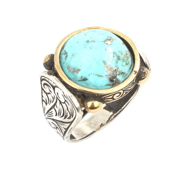 925 Ayar Gümüş Yuvarlak Gerçek Turkuaz Taşlı Erkek Yüzüğü ürün görseli 1