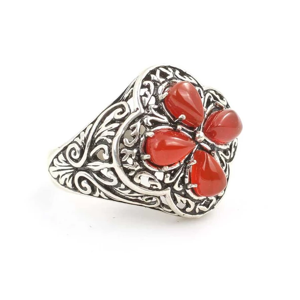 925 Ayar Gümüş Damla Taşlı Akik İşlemeli Yüzük - Resim 2