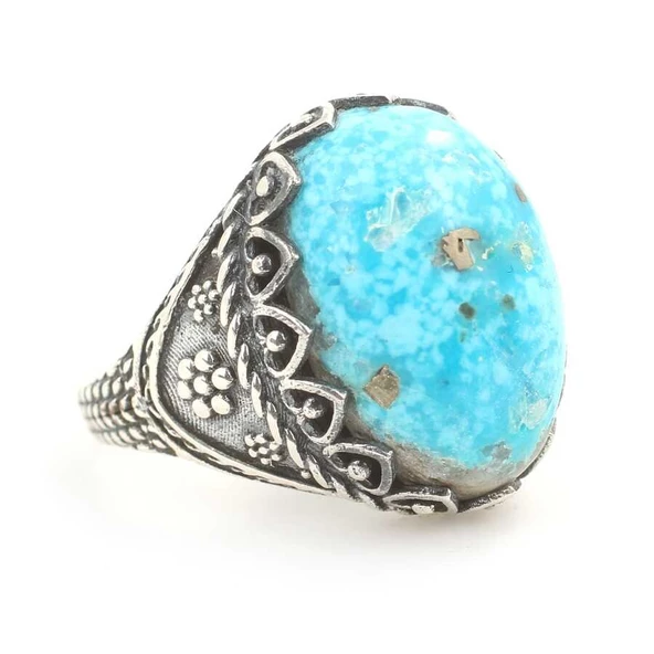 925 Ayar Gümüş Gerçek Turkuaz Taşlı Minik Çiçek Desenli Erkek Yüzüğü - Resim 2