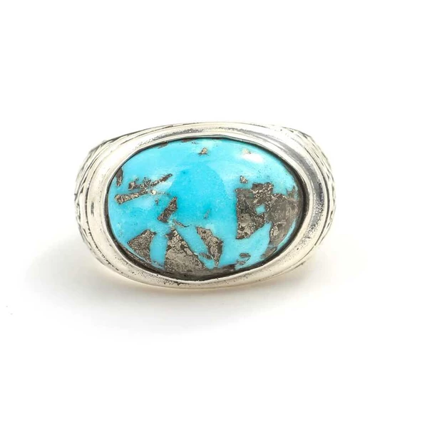 925 Ayar Gümüş Gerçek Turkuaz Taşlı El Kalemli Oval Erkek Yüzüğü - Resim 4