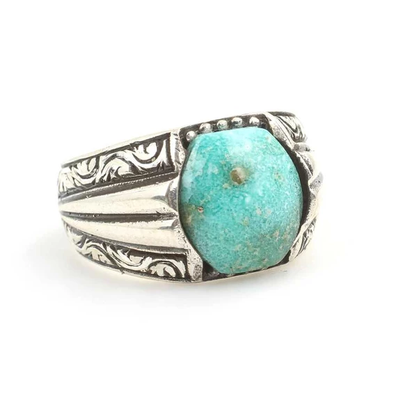 925 Ayar Gümüş Gerçek Turkuaz Taşlı El Kalemli Erkek Yüzüğü - Resim 2