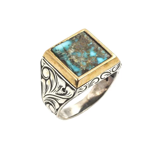 925 Ayar Gümüş Gerçek Turkuaz Taşlı Erkek Yüzüğü ürün görseli