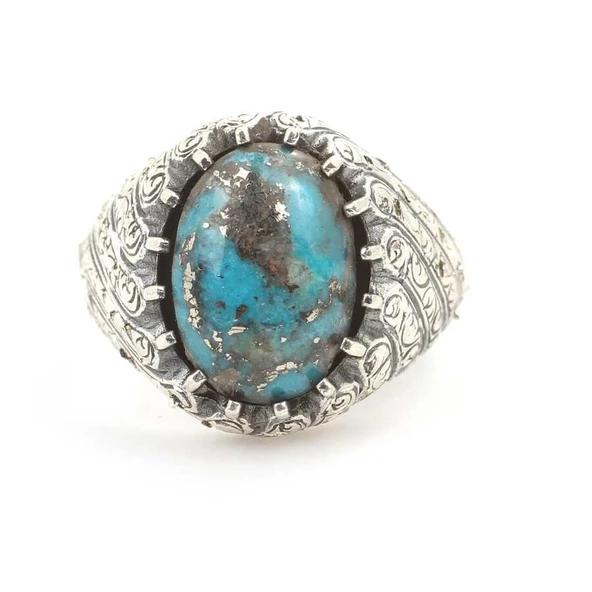 925 Ayar Gümüş El Kalemli Oval Gerçek Turkuaz Taşlı Erkek Yüzük - Resim 4