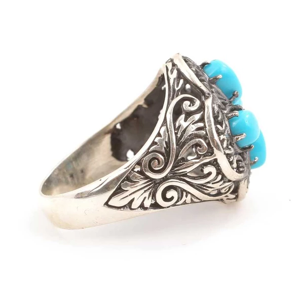 925 Ayar Gümüş Damla Taşlı Turkuaz İşlemeli Yüzük - Resim 3
