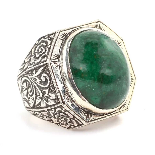 925 Ayar Gümüş Yeşil Akik Taşlı İşlemeli Erkek Yüzük - Resim 2
