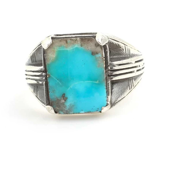 925 Ayar Gümüş Gerçek Turkuaz Taş Erkek Yüzüğü - Resim 4