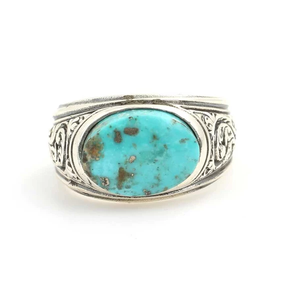 925 Ayar Gümüş S Motifli Has Turkuaz Taş El Kalemli Erkek Yüzüğü - Resim 4