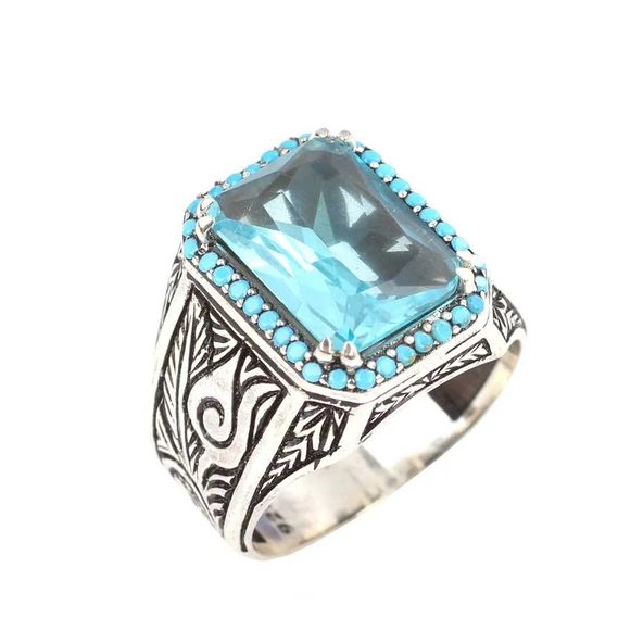 925 Ayar Gümüş Dikdörtgen Akuamarin Taşlı Erkek Yüzüğü ürün görseli