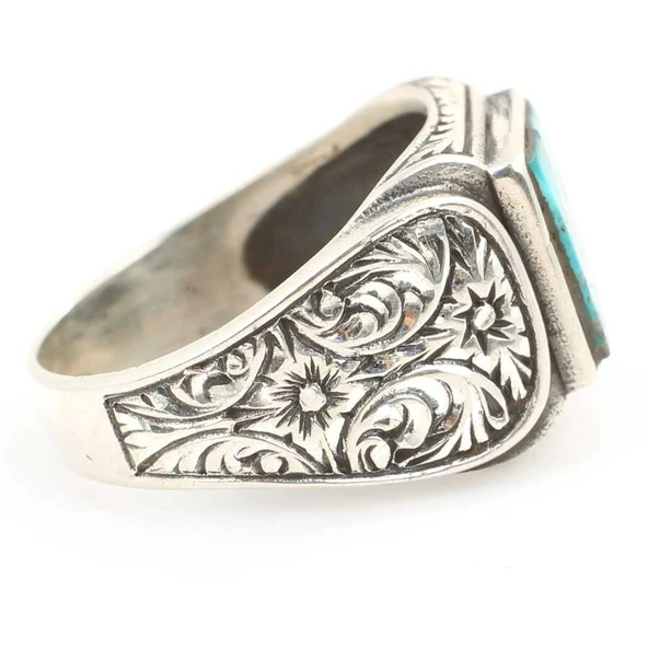 925 Ayar Gümüş El Kalemli Kare Gerçek Turkuaz Taş Erkek Yüzüğü - Resim 3