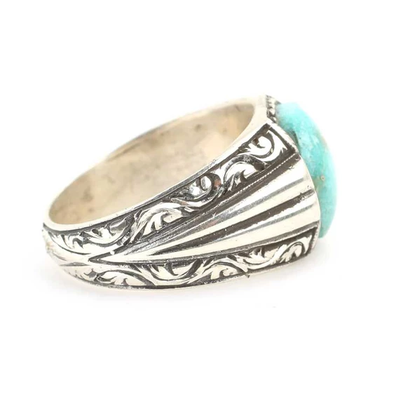 925 Ayar Gümüş Gerçek Turkuaz Taşlı El Kalemli Erkek Yüzüğü - Resim 3