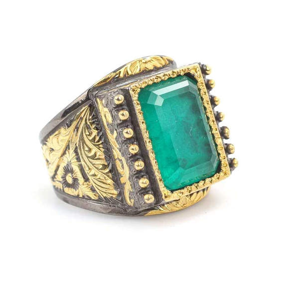 925 Ayar Gümüş Dikdörtgen Zümrüt Taşlı Erkek Yüzüğü - Resim 2