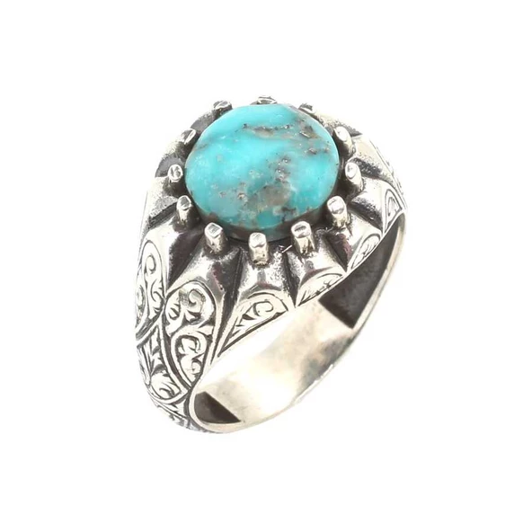 925 Ayar Gümüş Tırnaklı Gerçek Turkuaz Taşlı El Kalemli Erkek Yüzüğü ürün görseli 1
