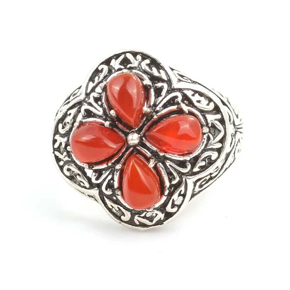 925 Ayar Gümüş Damla Taşlı Akik İşlemeli Yüzük - Resim 4