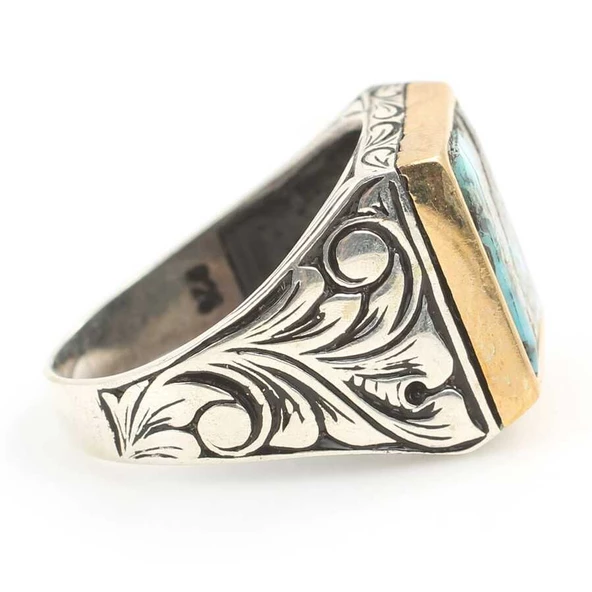 925 Ayar Gümüş Gerçek Turkuaz Taşlı Erkek Yüzüğü - Resim 3