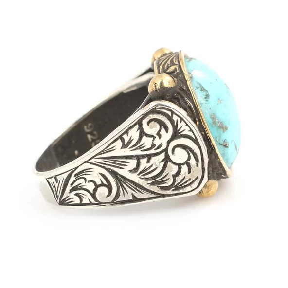 925 Ayar Gümüş Yuvarlak Gerçek Turkuaz Taşlı Erkek Yüzüğü - Resim 3