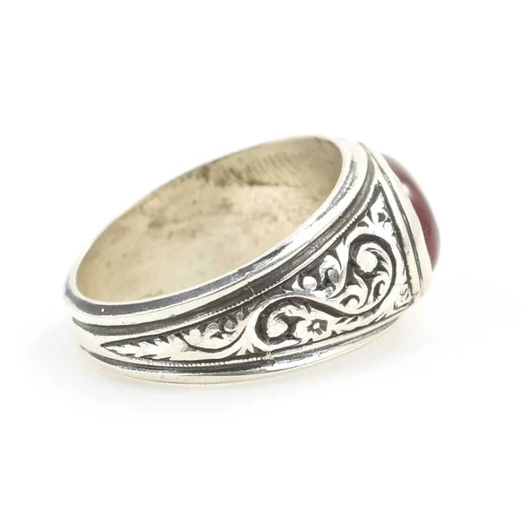 925 Ayar Gümüş S Motifli Has Akik Taş El Kalemli Erkek Yüzüğü - Resim 3