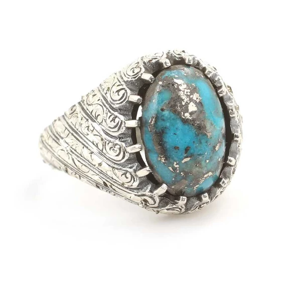 925 Ayar Gümüş El Kalemli Oval Gerçek Turkuaz Taşlı Erkek Yüzük - Resim 2