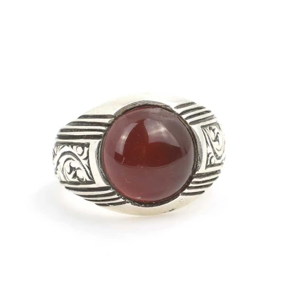 925 Ayar Gümüş Gerçek Akik Taşlı El Kalemli Erkek Yüzüğü - Resim 4