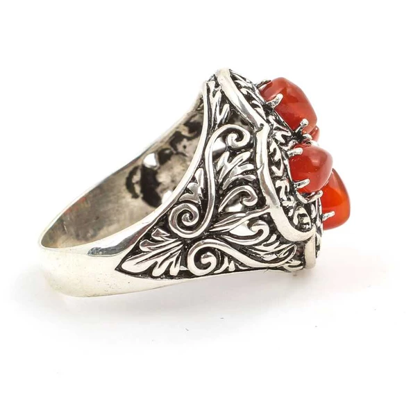 925 Ayar Gümüş Damla Taşlı Akik İşlemeli Yüzük - Resim 3