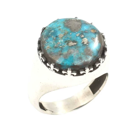 925 Ayar Gümüş Yuvarlak Gerçek Turkuaz Taşlı Düz Erkek Yüzüğü ürün görseli 1