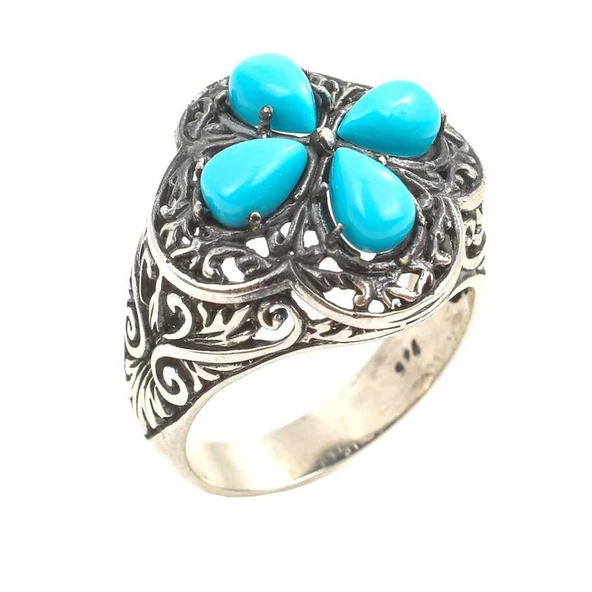 925 Ayar Gümüş Damla Taşlı Turkuaz İşlemeli Yüzük ürün görseli