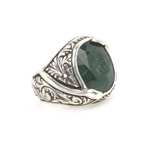 925 Ayar Gümüş Kök Zümrüt Taşlı Elişi Kalemli Yüzük - Resim 2