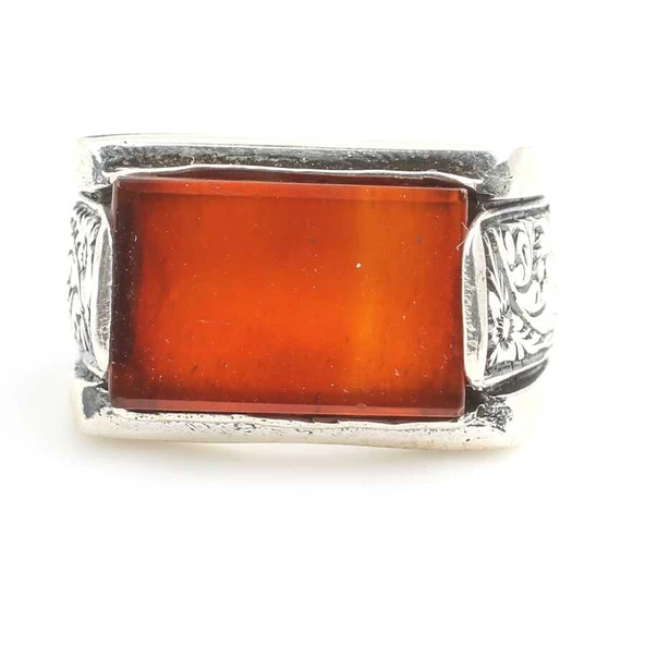 925 Ayar Gümüş Gerçek Akik Taşlı Kalemli Erkek Yüzüğü - Resim 4