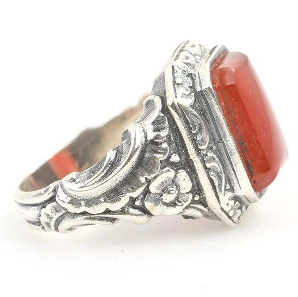 925 Ayar Gümüş Gerçek Akik Taşlı Erkek Yüzüğü - Resim 3