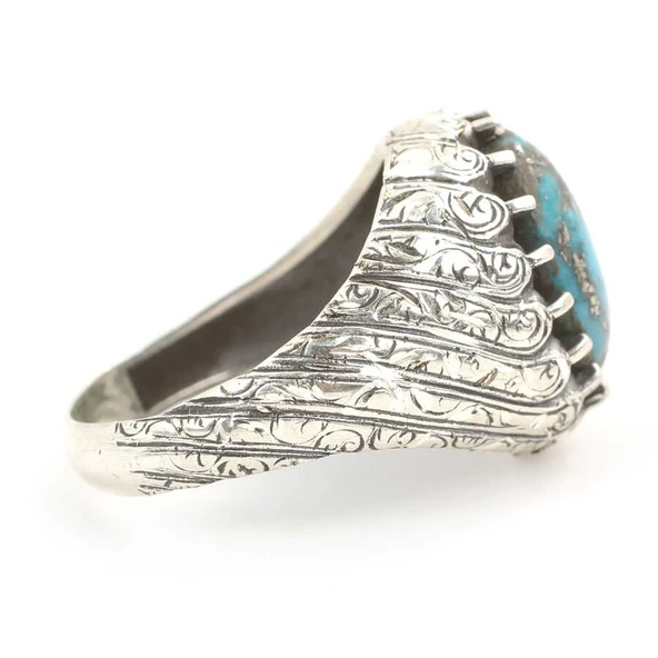 925 Ayar Gümüş El Kalemli Oval Gerçek Turkuaz Taşlı Erkek Yüzük - Resim 3