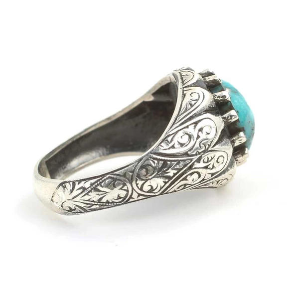 925 Ayar Gümüş Tırnaklı Gerçek Turkuaz Taşlı El Kalemli Erkek Yüzüğü - Resim 3