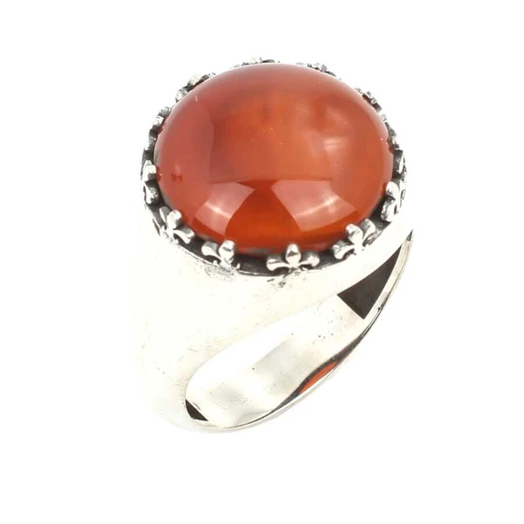 925 Ayar Gümüş Yuvarlak Gerçek Akik Taşlı Düz Erkek Yüzüğü ürün görseli 1