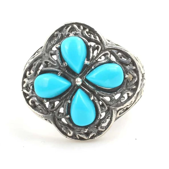 925 Ayar Gümüş Damla Taşlı Turkuaz İşlemeli Yüzük - Resim 4
