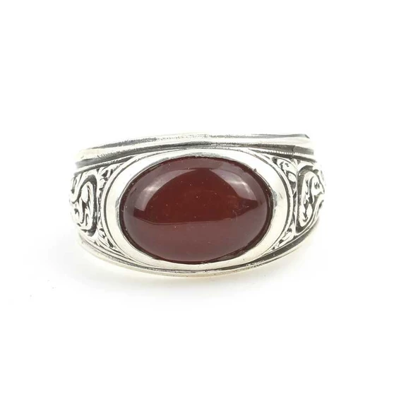 925 Ayar Gümüş S Motifli Has Akik Taş El Kalemli Erkek Yüzüğü - Resim 4