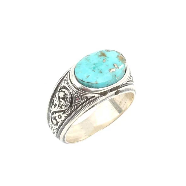 925 Ayar Gümüş S Motifli Has Turkuaz Taş El Kalemli Erkek Yüzüğü ürün görseli 1