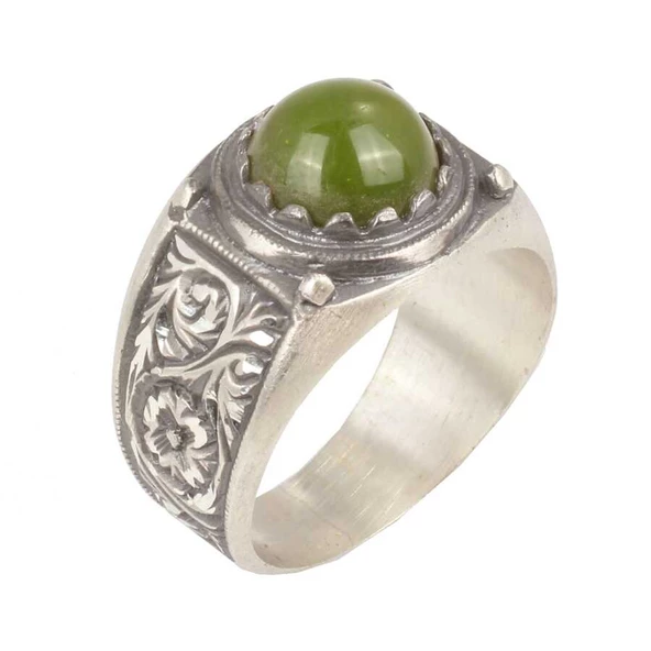 925 Ayar Gümüş Yeşil Sıkma Kehribar Taşlı Elişi Kalemli Erkek Yüzük ürün görseli 1