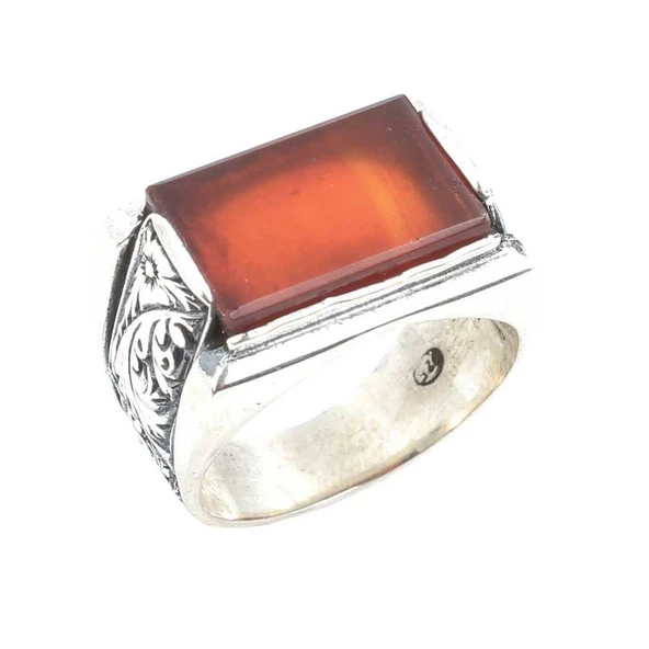 925 Ayar Gümüş Gerçek Akik Taşlı Kalemli Erkek Yüzüğü ürün görseli