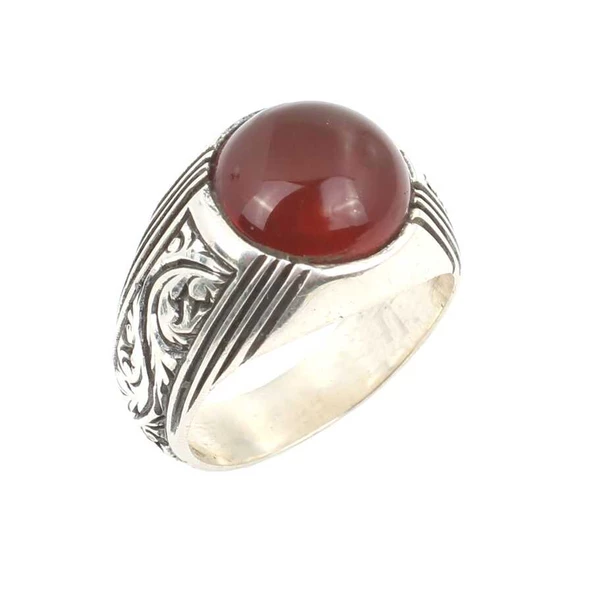 925 Ayar Gümüş Gerçek Akik Taşlı El Kalemli Erkek Yüzüğü ürün görseli