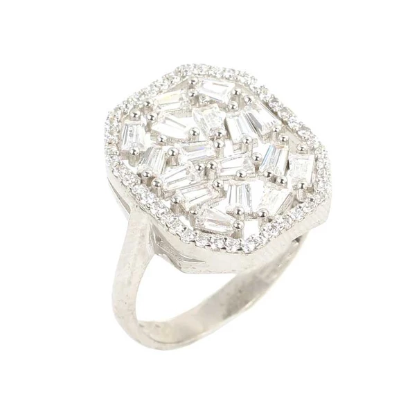 925 Ayar Gümüş Kare Model Baget Taşlı Yüzük ürün görseli