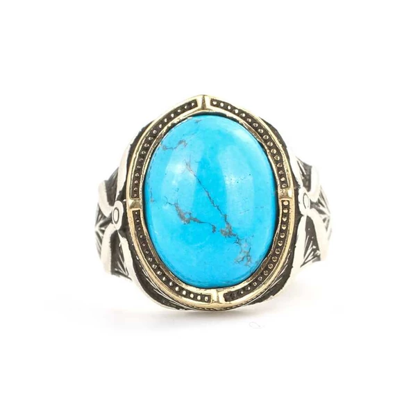 925 Ayar Gümüş Koyu Turkuaz Taşlı Erkek Yüzüğü - Resim 4